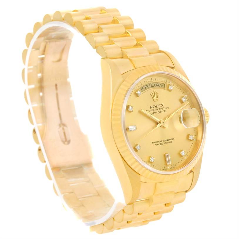 The image shows a Rolex President 18238 Men
s Yellow Gold Champagne Dial 18238 Men
s Yellow Gold Champagne Dial model from an angled front view, displaying the dial, bracelet, and date magnifier.