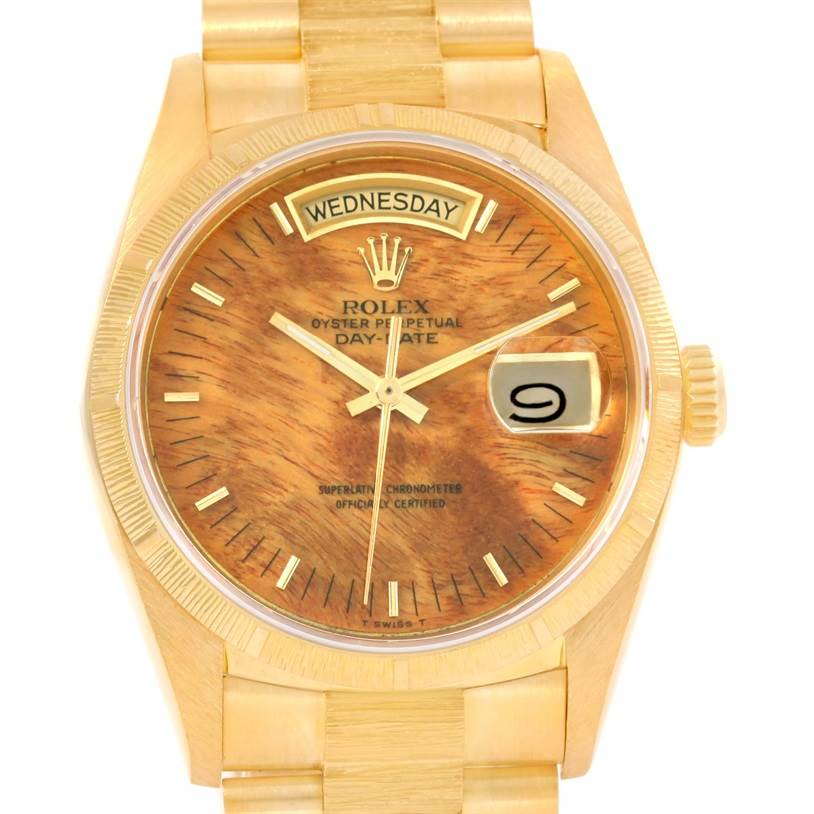 The image shows a frontal view of the Rolex President 18078 Men's Yellow Gold Brown Dial 18078 Men's Yellow Gold Brown Dial model watch, highlighting the dial, day/date display, and bracelet.