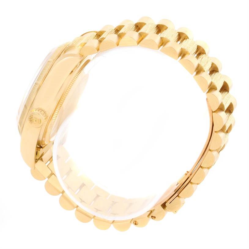 The image shows a side view of the Rolex President 18078 Men's Yellow Gold Brown Dial 18078 Men's Yellow Gold Brown Dial model watch, focusing on the gold case and bracelet.