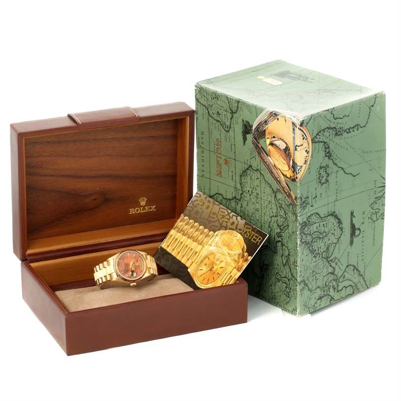 The image shows a Rolex President 18078 Men's Yellow Gold Brown Dial 18078 Men's Yellow Gold Brown Dial model watch displayed in an open wooden box, with its outer box and booklet visible.