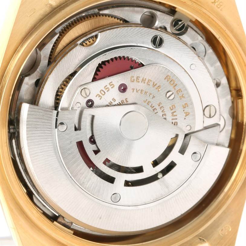 This image shows the internal mechanism of a Rolex President 18078 Men's Yellow Gold Brown Dial 18078 Men's Yellow Gold Brown Dial watch, viewed from the back.