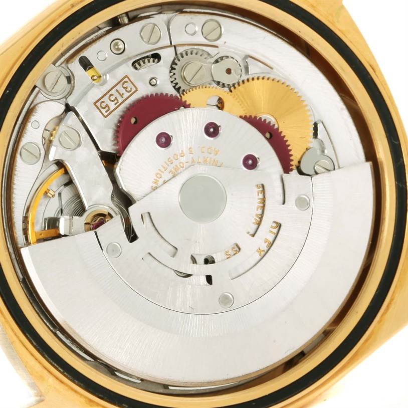 The image shows an overhead view of the exposed movement mechanism of a Rolex President 18238 Men's Yellow Gold Black Dial 18238 Men's Yellow Gold Black Dial model watch.