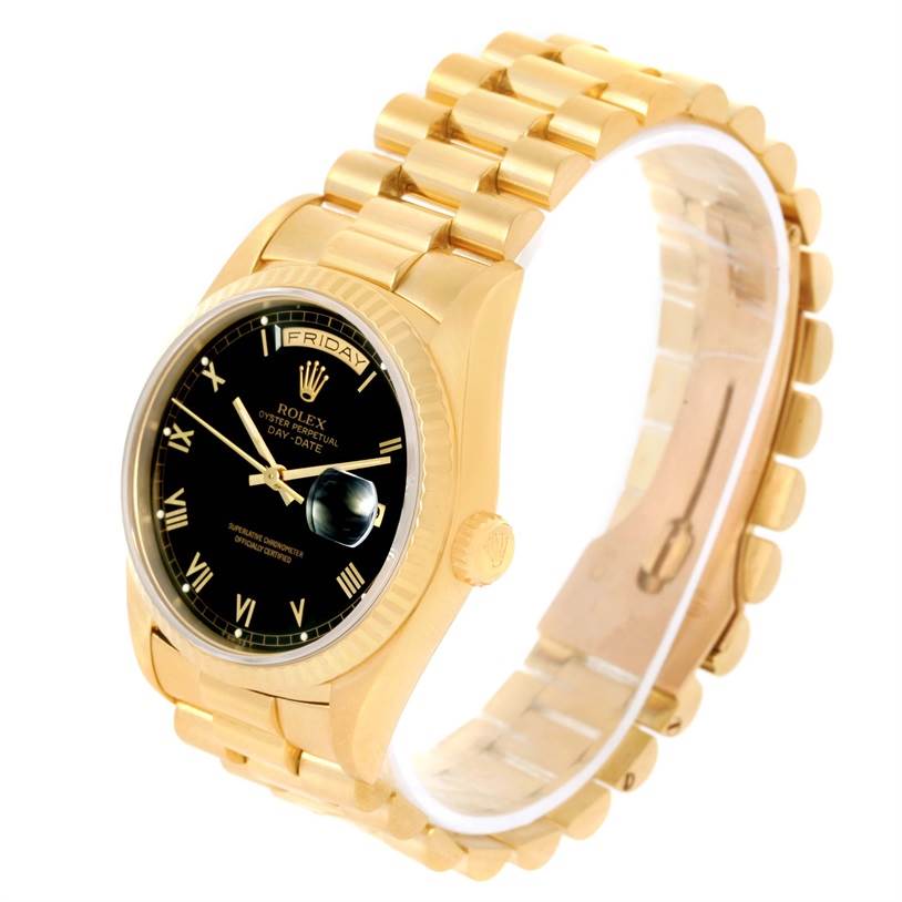 The image shows a Rolex President 18238 Men's Yellow Gold Black Dial 18238 Men's Yellow Gold Black Dial model watch at a front-side angle, highlighting its gold band, black dial, and crown.
