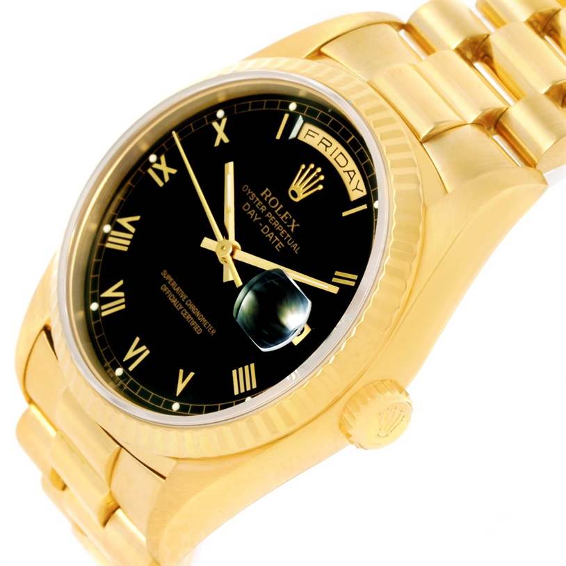 The image shows a Rolex President 18238 Men's Yellow Gold Black Dial 18238 Men's Yellow Gold Black Dial model watch from an angled side view, highlighting its gold case, black dial, day-date display, and bracelet.
