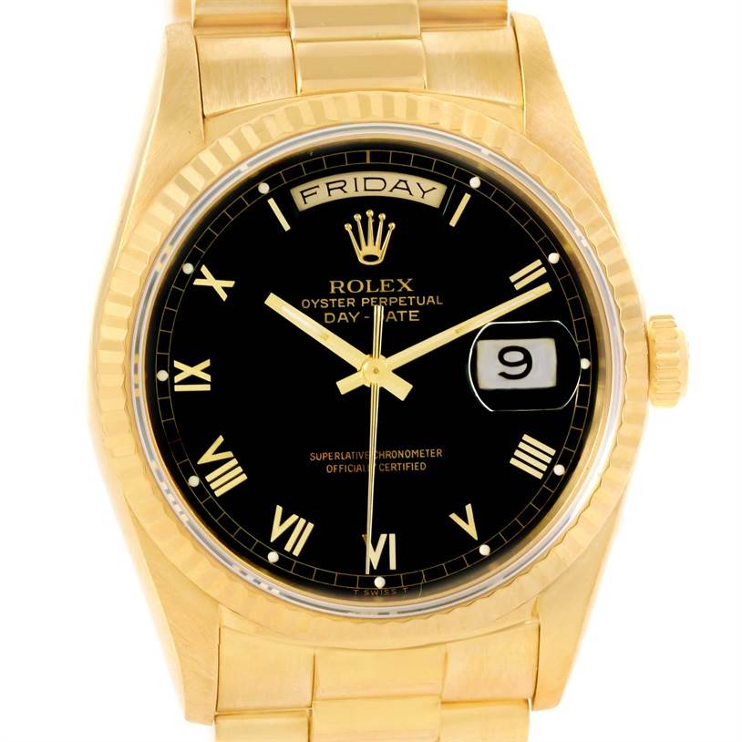 The image shows a front view of the Rolex President 18238 Men's Yellow Gold Black Dial 18238 Men's Yellow Gold Black Dial model, highlighting the black dial, day and date windows, and gold case and bracelet.
