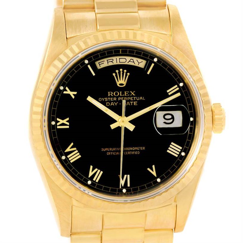 Rolex President Day Date Mens 18k Yellow Gold Black Dial Watch 18238 SwissWatchExpo