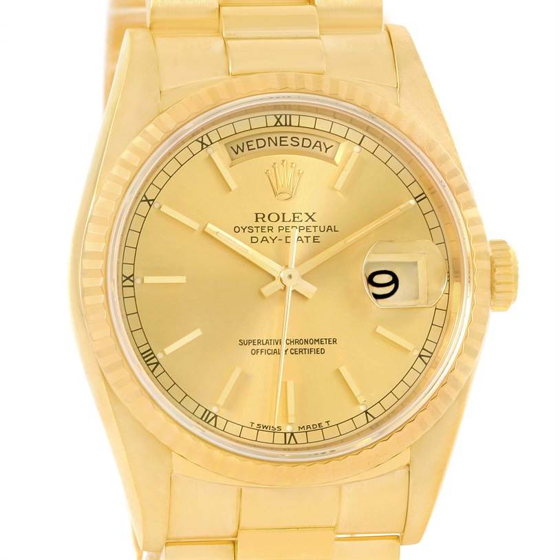 This image shows a close-up of the Rolex President 18238 Men
s Yellow Gold Champagne Dial 18238 Men
s Yellow Gold Champagne Dial model, highlighting its face, day-date display, and bracelet.
