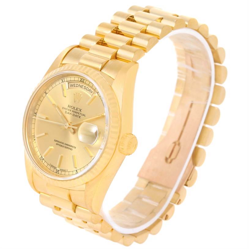 The image shows a Rolex President 18238 Men
s Yellow Gold Champagne Dial 18238 Men
s Yellow Gold Champagne Dial model watch at an angle showcasing its dial, bracelet, and crown.