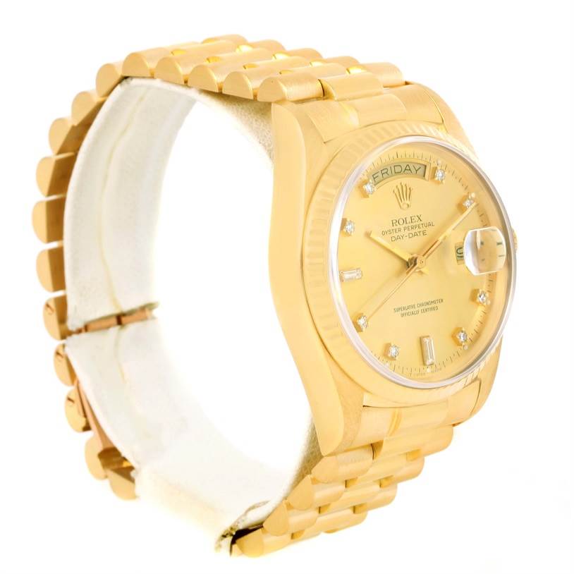 The image shows a side-angled view of a Rolex President 18038 Men
s Yellow Gold Champagne Dial 18038 Men
s Yellow Gold Champagne Dial model watch, showcasing the bracelet, case, and dial.