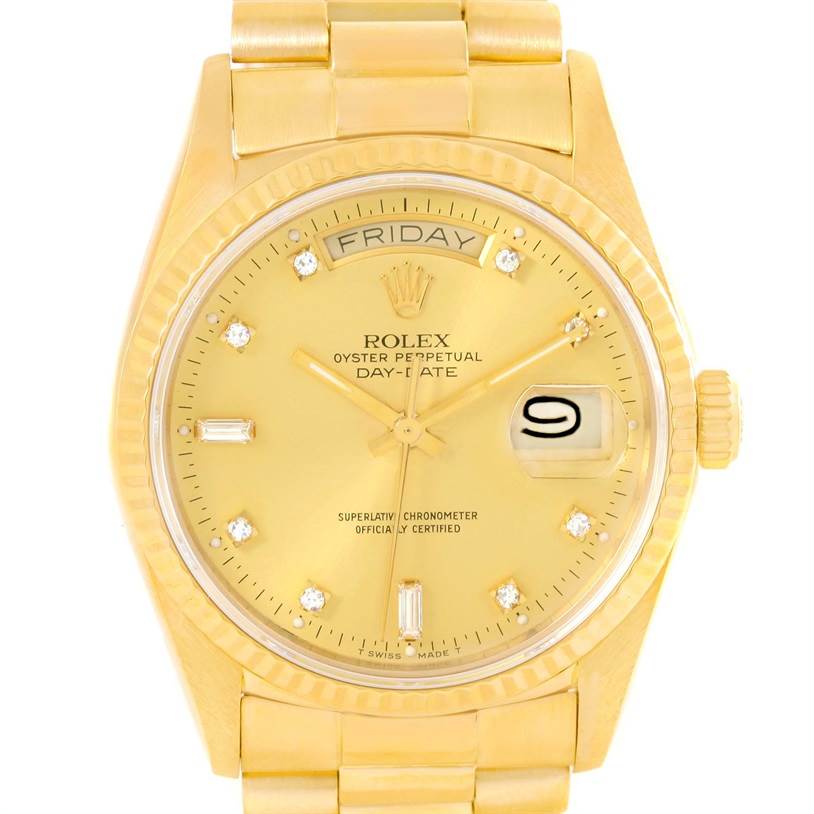 The image shows a front view of a Rolex President 18038 Men
s Yellow Gold Champagne Dial 18038 Men
s Yellow Gold Champagne Dial model watch, displaying the face, bracelet, and crown.