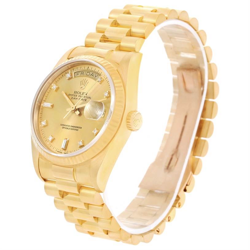 The image shows a side view of a Rolex President 18038 Men
s Yellow Gold Champagne Dial 18038 Men
s Yellow Gold Champagne Dial model watch, featuring its gold case, diamond markers, and signature bracelet.