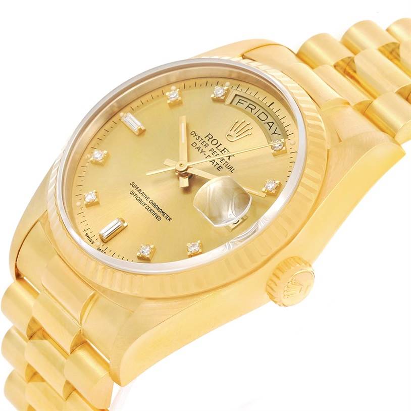 The image shows a side and angled view of the Rolex President 18038 Men
s Yellow Gold Champagne Dial 18038 Men
s Yellow Gold Champagne Dial model watch, highlighting the dial, bezel, crown, and bracelet.