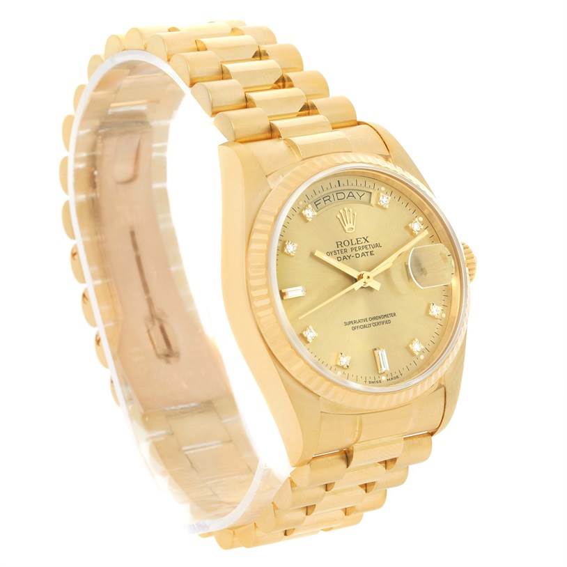 The image shows a Rolex President 18038 Men
s Yellow Gold Champagne Dial 18038 Men
s Yellow Gold Champagne Dial model watch at an angle, highlighting its gold bracelet, dial, and case.