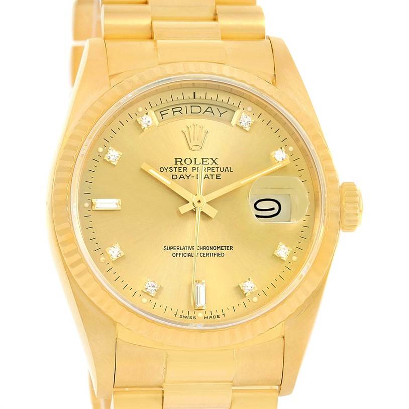The image shows a frontal view of the Rolex President 18038 Men
s Yellow Gold Champagne Dial 18038 Men
s Yellow Gold Champagne Dial model watch, highlighting the dial, day-date display, and bracelet.