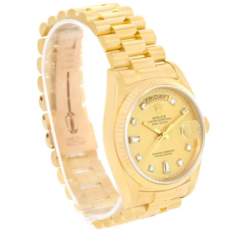 The image shows a Rolex President 18038 Men
s Yellow Gold Champagne Dial 18038 Men
s Yellow Gold Champagne Dial model watch at a three-quarter angle, highlighting the gold bracelet, dial, and bezel.