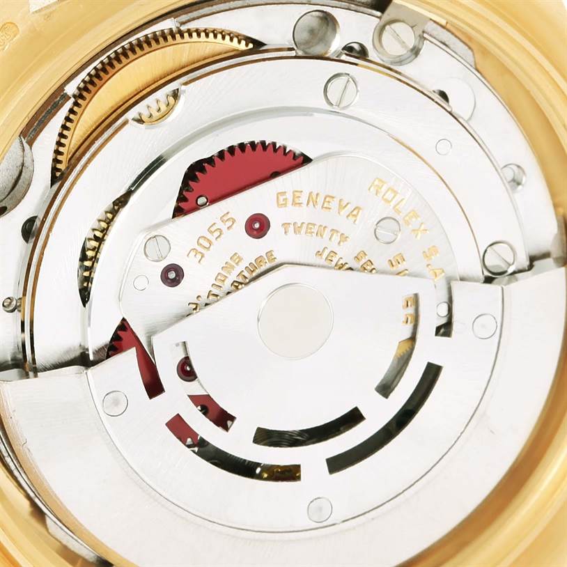This image shows the inner mechanical movement of the Rolex President 18038 Men
s Yellow Gold Champagne Dial 18038 Men
s Yellow Gold Champagne Dial model watch, focusing on its intricate components.