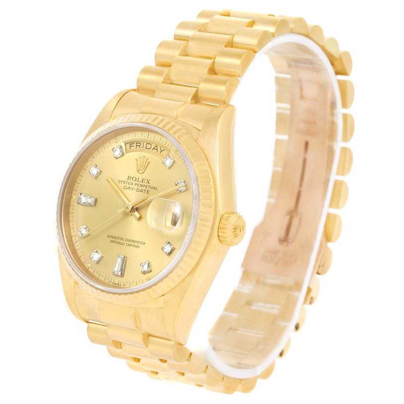 This image shows a Rolex President 18038 Men
s Yellow Gold Champagne Dial 18038 Men
s Yellow Gold Champagne Dial model watch at a slight angle, highlighting the gold dial, bracelet, and case.