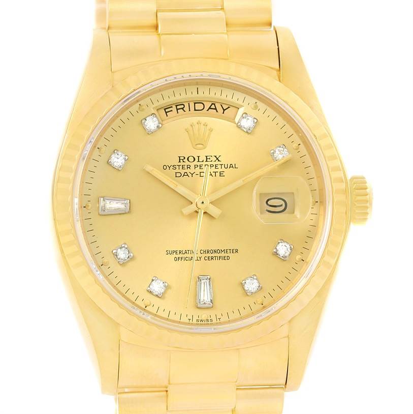 This image shows a frontal close-up of the Rolex President 18038 Men
s Yellow Gold Champagne Dial 18038 Men
s Yellow Gold Champagne Dial model watch displaying the dial, bezel, bracelet, and crown.