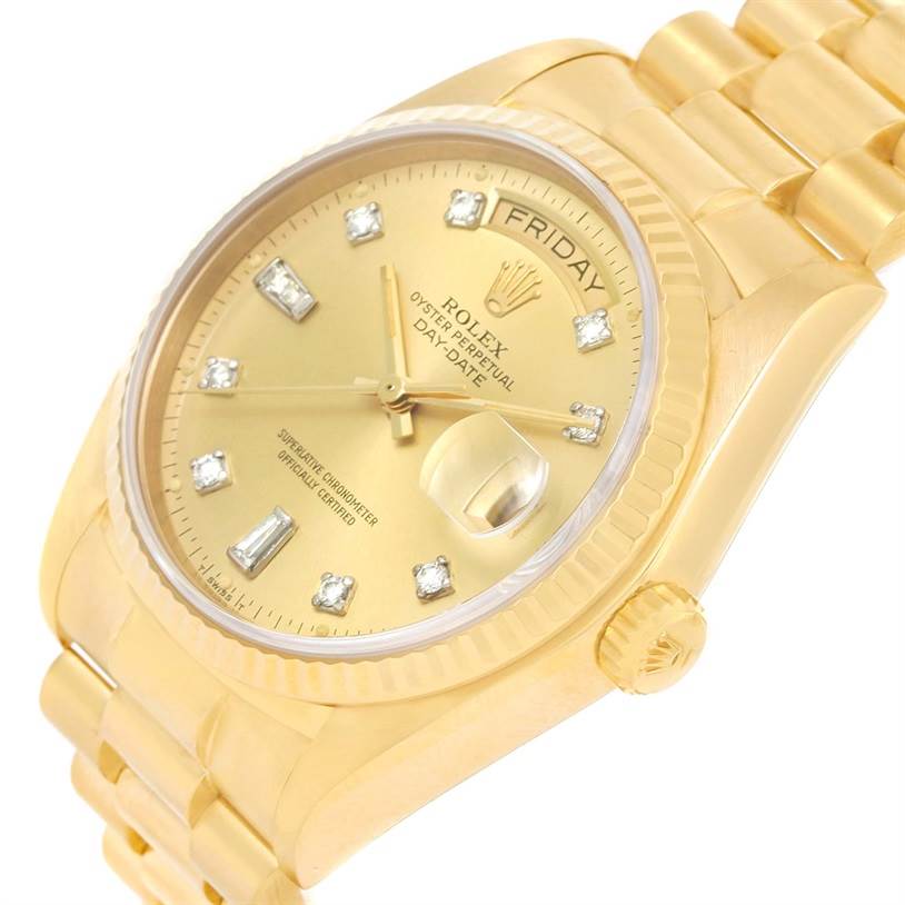 This image shows a close-up, angled view of the face, bezel, and part of the bracelet of the Rolex President 18038 Men
s Yellow Gold Champagne Dial 18038 Men
s Yellow Gold Champagne Dial model.