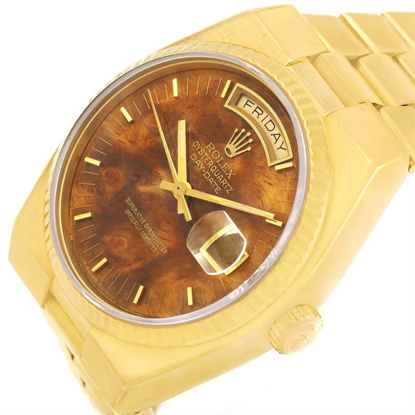 This image shows a close-up of the Rolex President 19018 Men's Yellow Gold Brown Dial 19018 Men's Yellow Gold Brown Dial model watch, highlighting the dial, bracelet, crown, and day/date windows.