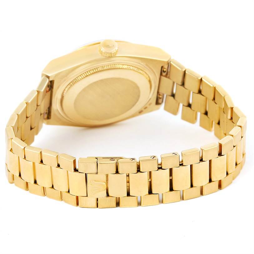 This image shows the back and bracelet of a Rolex President 19018 Men's Yellow Gold Brown Dial 19018 Men's Yellow Gold Brown Dial model watch, highlighting its clasp and case.