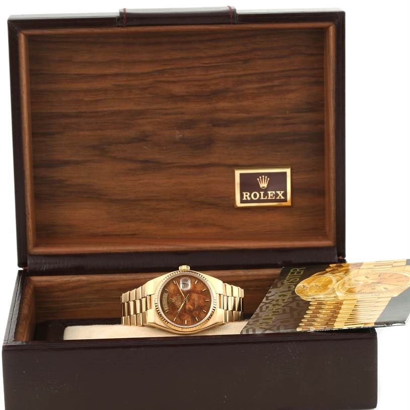 The image shows a Rolex President 19018 Men's Yellow Gold Brown Dial 19018 Men's Yellow Gold Brown Dial model watch in an open wooden box, viewed from the front.