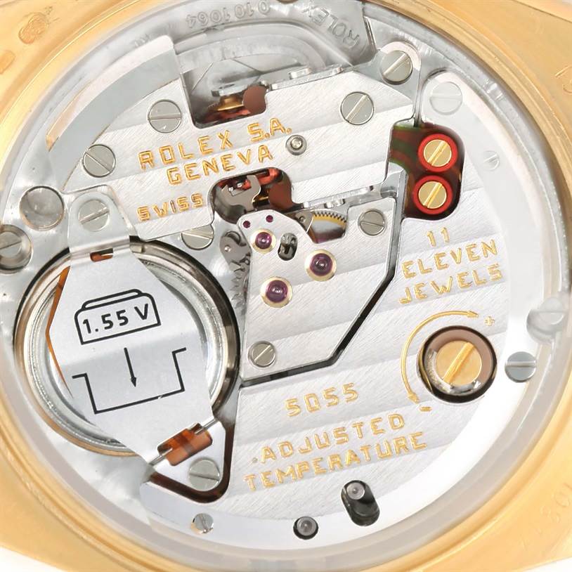 This image shows the internal mechanism of a Rolex President 19018 Men's Yellow Gold Brown Dial 19018 Men's Yellow Gold Brown Dial model watch, highlighting the movement components and inscriptions.