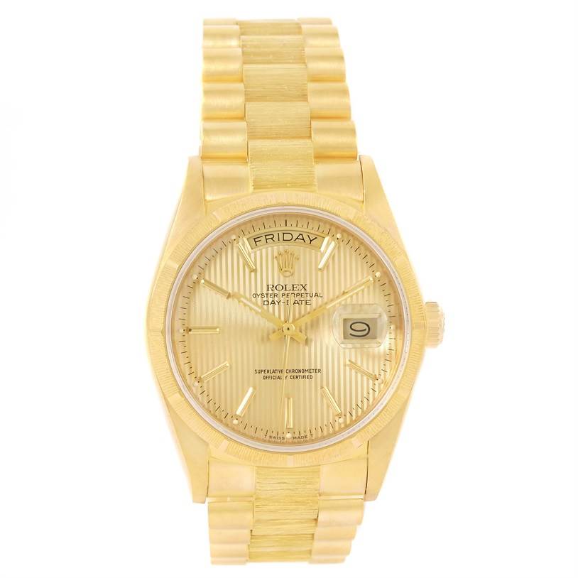 The Rolex President 18078 Men
s Yellow Gold Champagne Dial 18078 Men
s Yellow Gold Champagne Dial model watch is shown from a front angle, displaying the dial, bezel, strap, and day-date functions.