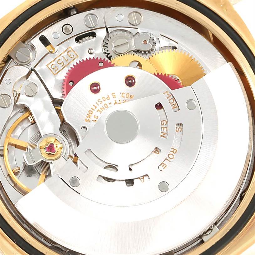 This image shows the internal movement mechanism of a Rolex President 18238 Men
s Yellow Gold Champagne Dial 18238 Men
s Yellow Gold Champagne Dial model watch, viewed from the back.