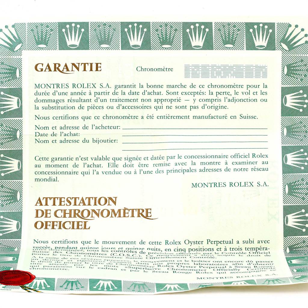 This image shows a warranty certificate for a Rolex President 18238 Men
s Yellow Gold Beige Dial 18238 Men
s Yellow Gold Beige Dial model watch.