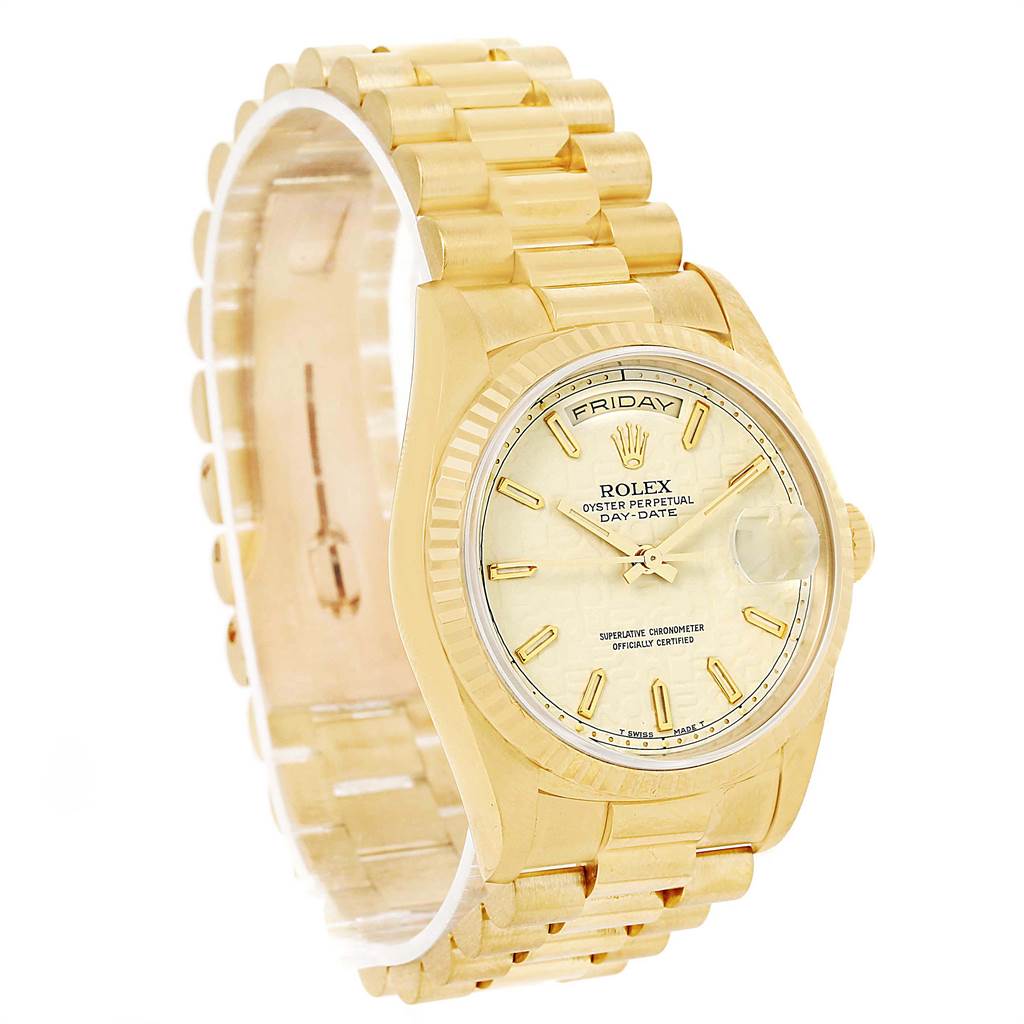 The image shows a side and front angle of a Rolex President 18238 Men
s Yellow Gold Beige Dial 18238 Men
s Yellow Gold Beige Dial model watch featuring its gold bracelet and dial.