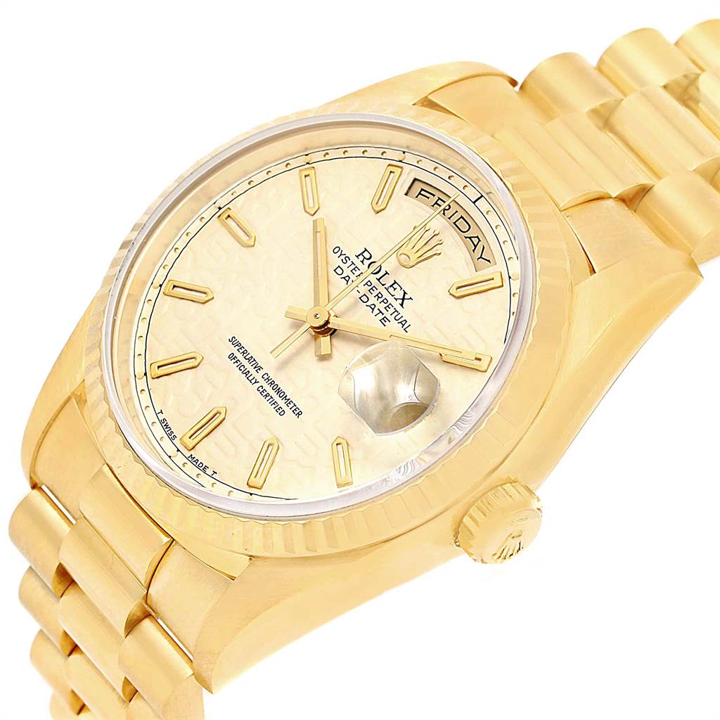 This image shows a close-up side angle of the Rolex President 18238 Men
s Yellow Gold Beige Dial 18238 Men
s Yellow Gold Beige Dial model watch, highlighting its dial, bracelet, crown, and day-date display.