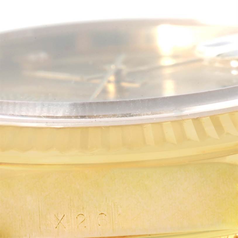 The image shows a close-up side view of the bezel and crystal of a Rolex President 18238 Men
s Yellow Gold Champagne Dial 18238 Men
s Yellow Gold Champagne Dial model watch.