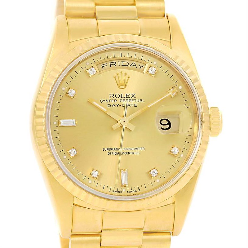 The image displays a frontal view of a Rolex President model watch, highlighting the dial, bracelet, and day/date indicators.