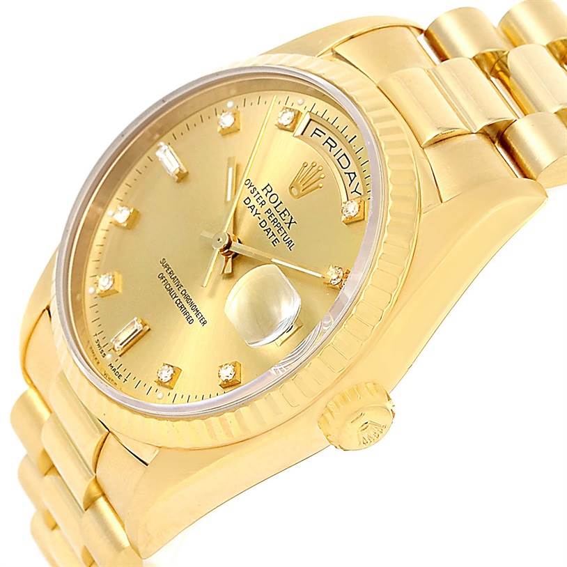 The image shows a Rolex President 18238 Men
s Yellow Gold Champagne Dial 18238 Men
s Yellow Gold Champagne Dial model watch at a tilted angle, highlighting the dial, crown, and bracelet.