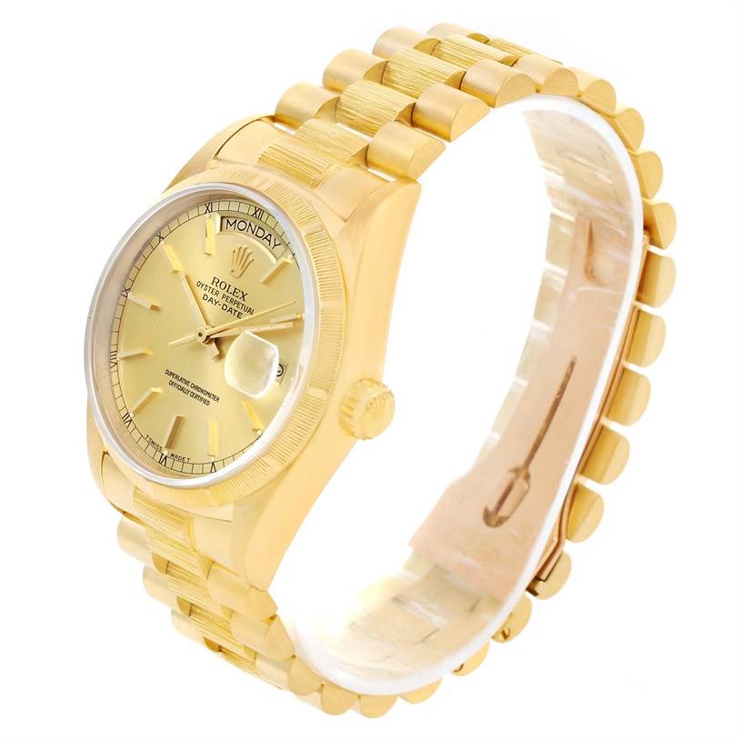 The image shows a side angle of a Rolex President 18078 Men
s Yellow Gold Champagne Dial 18078 Men
s Yellow Gold Champagne Dial model watch, highlighting its gold bracelet, dial, crown, and bezel.