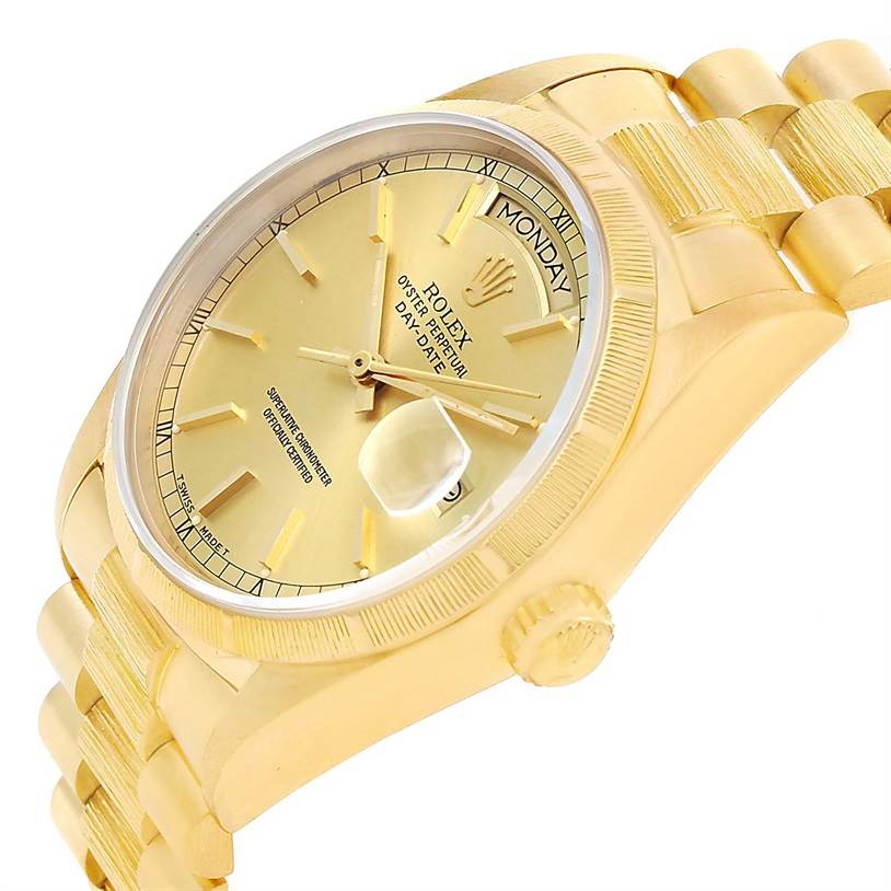 This image shows a Rolex President 18078 Men
s Yellow Gold Champagne Dial 18078 Men
s Yellow Gold Champagne Dial model watch from a front angle, highlighting the dial, day-date display, and gold bracelet.