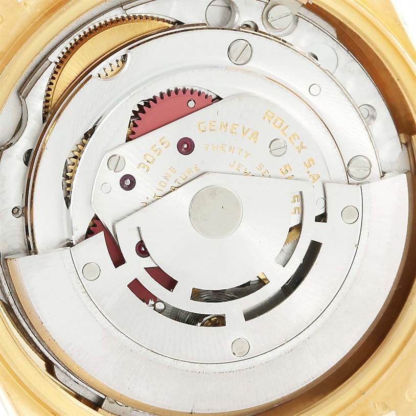 The image shows the inner mechanical movement of the Rolex President 18078 Men
s Yellow Gold Champagne Dial 18078 Men
s Yellow Gold Champagne Dial model watch from a top-down angle.