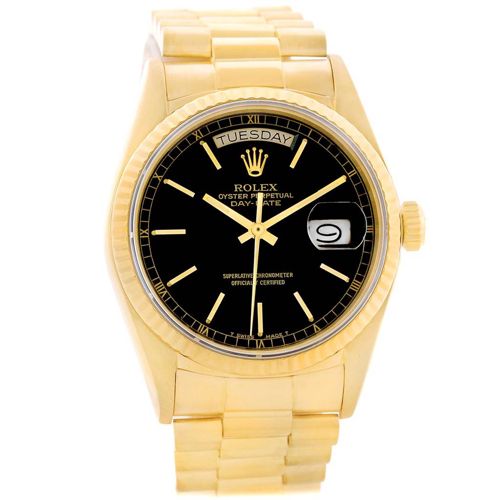 The Rolex President 18038 Men
s Yellow Gold Black Dial 18038 Men
s Yellow Gold Black Dial model watch is shown from a front angle, displaying its gold case, black dial, and day-date feature.