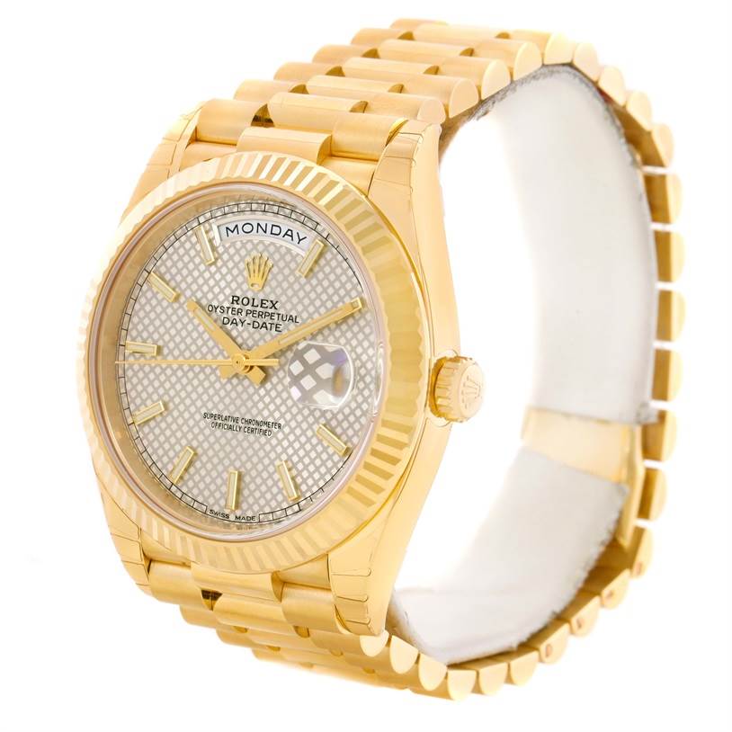 The image shows a Rolex President 228238 Men's Yellow Gold Champagne Dial 228238 Men's Yellow Gold Champagne Dial Day-Date model watch at a slight angle, displaying its gold bracelet, crown, and dial with day and date indicators.