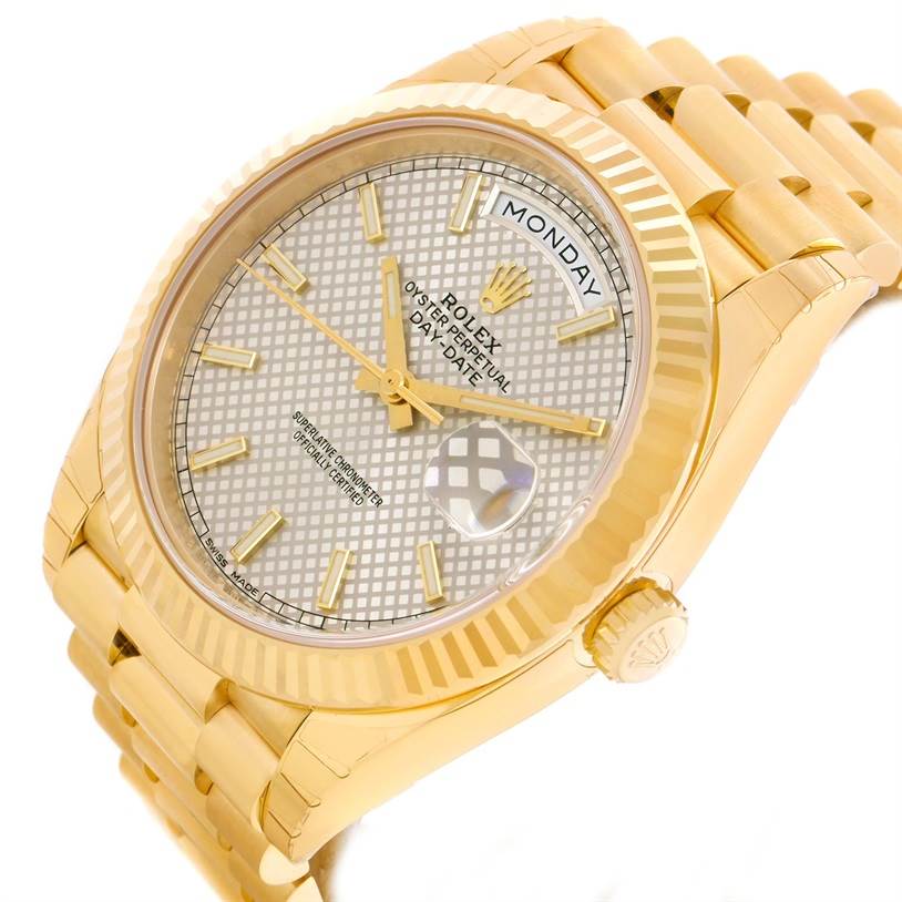 The image shows a side view of a Rolex President 228238 Men's Yellow Gold Champagne Dial 228238 Men's Yellow Gold Champagne Dial model's face, bezel, bracelet, and crown.