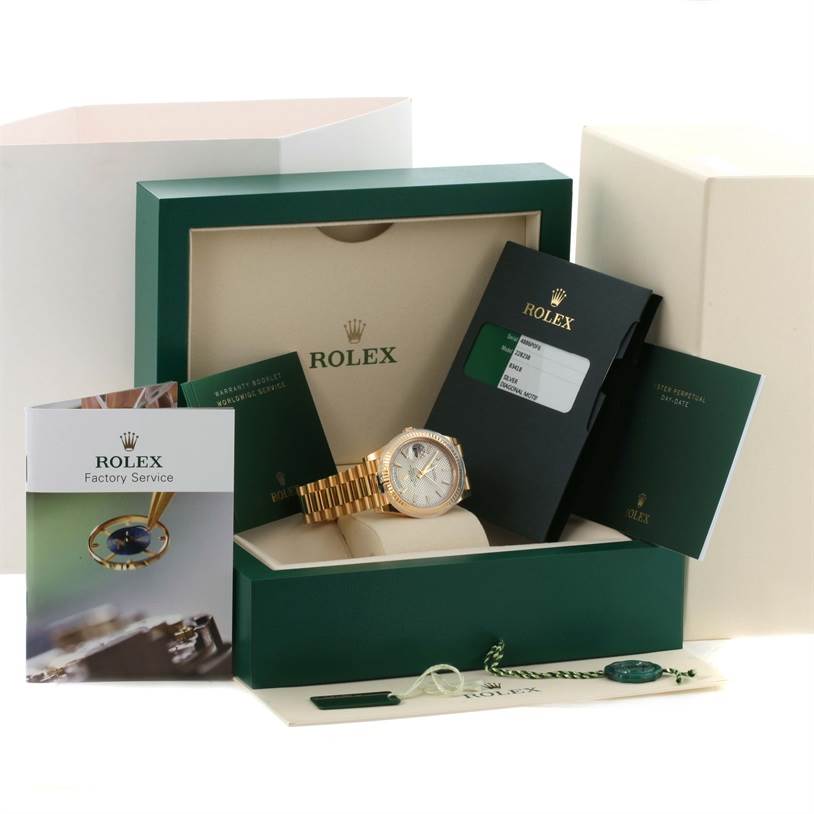 The image shows a Rolex President 228238 Men's Yellow Gold Champagne Dial 228238 Men's Yellow Gold Champagne Dial model watch at an angle with packaging, warranty card, manuals, and accessories.