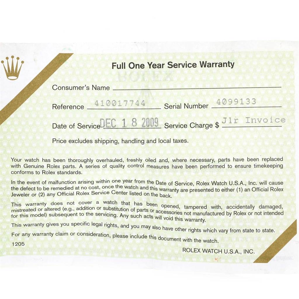 This image shows a Full One Year Service Warranty document for a Rolex President 1601 Men
s Yellow Gold White Dial 1601 Men
s Yellow Gold White Dial model watch.