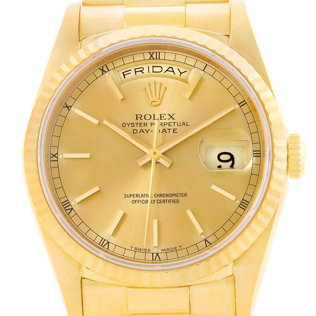 This image shows a close-up, frontal view of the dial and bezel of a Rolex President 18238 Men
s Yellow Gold Champagne Dial 18238 Men
s Yellow Gold Champagne Dial model watch.