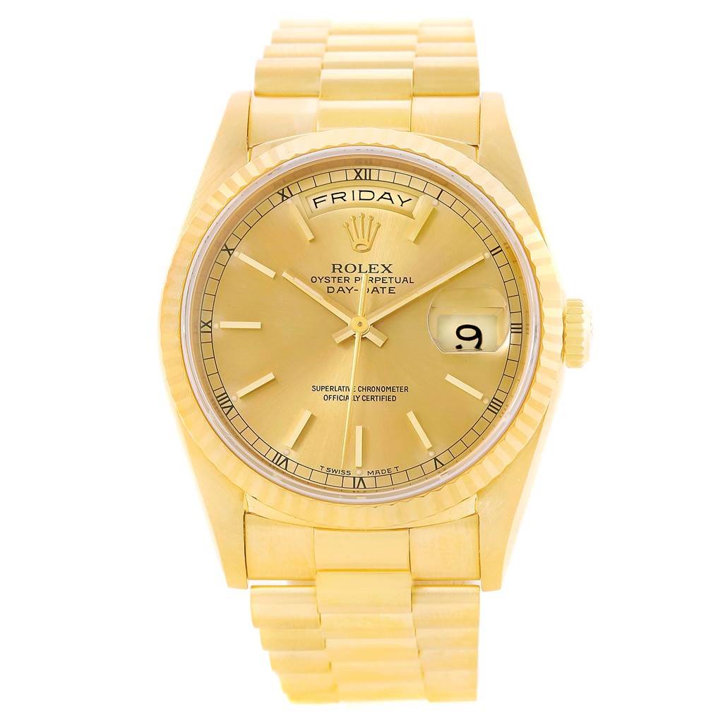 The image shows a Rolex President 18238 Men
s Yellow Gold Champagne Dial 18238 Men
s Yellow Gold Champagne Dial model watch featuring its gold bracelet, dial with day and date display, and fluted bezel.
