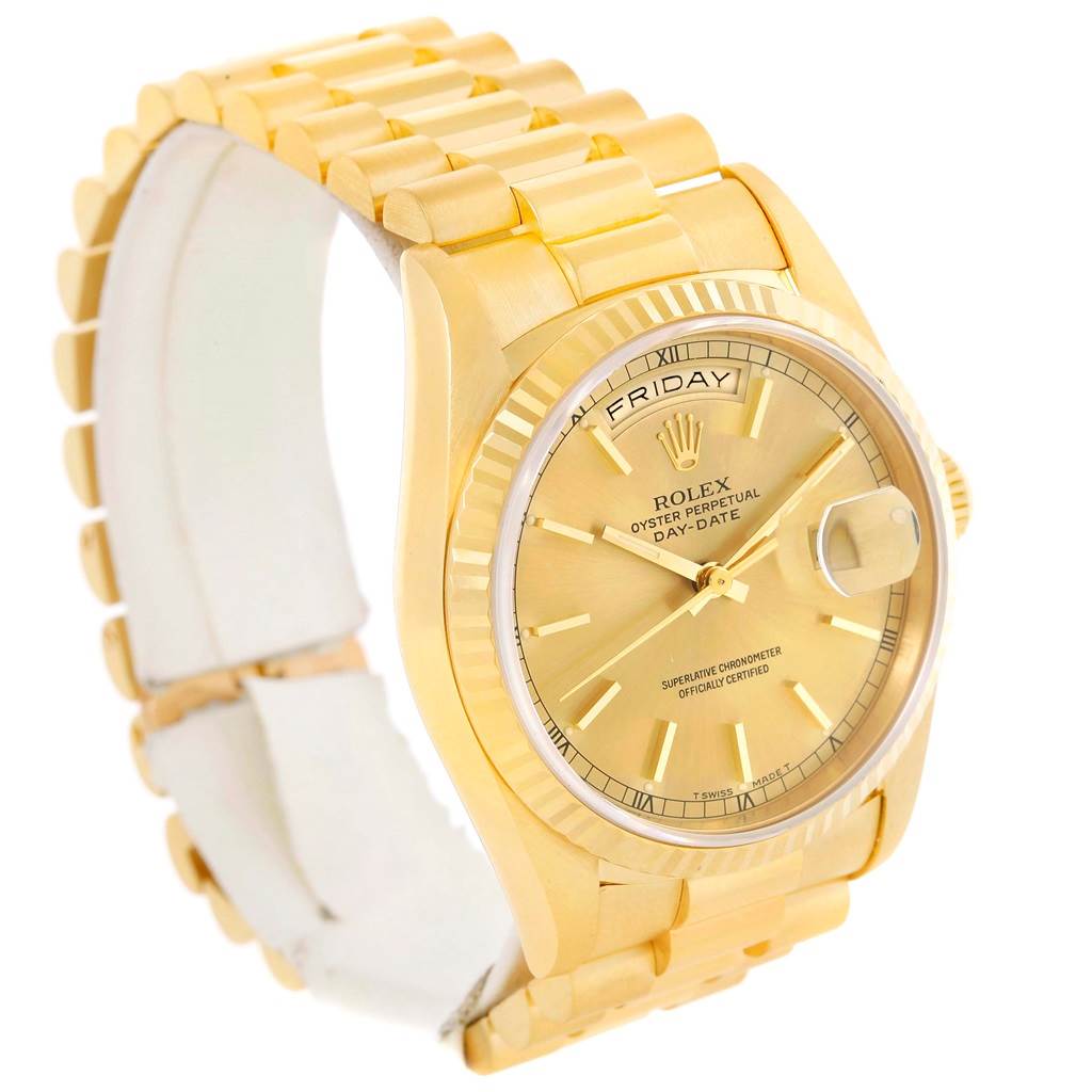 The image shows a Rolex President 18238 Men
s Yellow Gold Champagne Dial 18238 Men
s Yellow Gold Champagne Dial model watch from an angled side view, highlighting the bracelet, case, dial, and crown.
