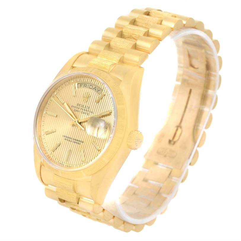 The Rolex President 18078 Men
s Yellow Gold Champagne Dial 18078 Men
s Yellow Gold Champagne Dial model watch is shown at a slight angle, displaying the dial, case, and bracelet.