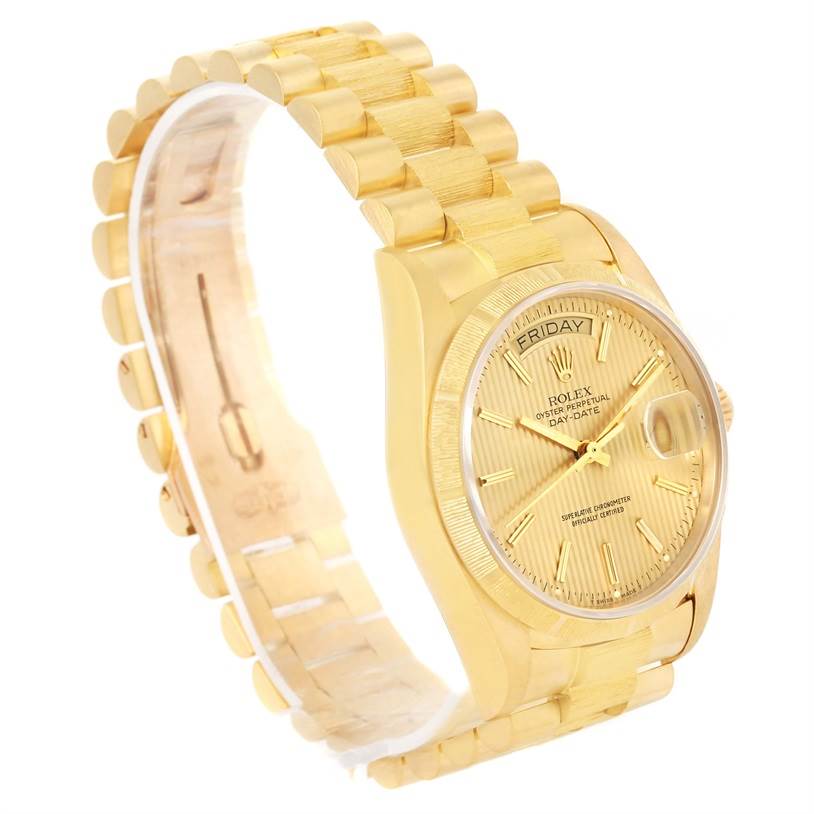 The image shows a Rolex President 18078 Men
s Yellow Gold Champagne Dial 18078 Men
s Yellow Gold Champagne Dial model watch at a three-quarter angle, highlighting its bracelet, face, and crown.