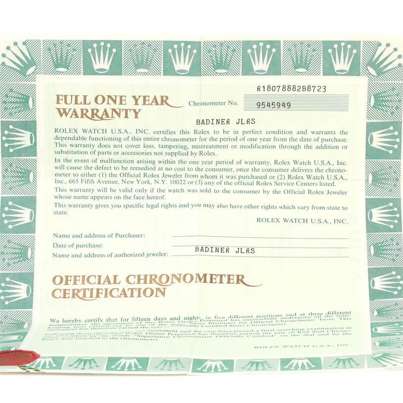 The image shows a warranty certificate and official chronometer certification for a Rolex President 18078 Men
s Yellow Gold Champagne Dial 18078 Men
s Yellow Gold Champagne Dial model watch.