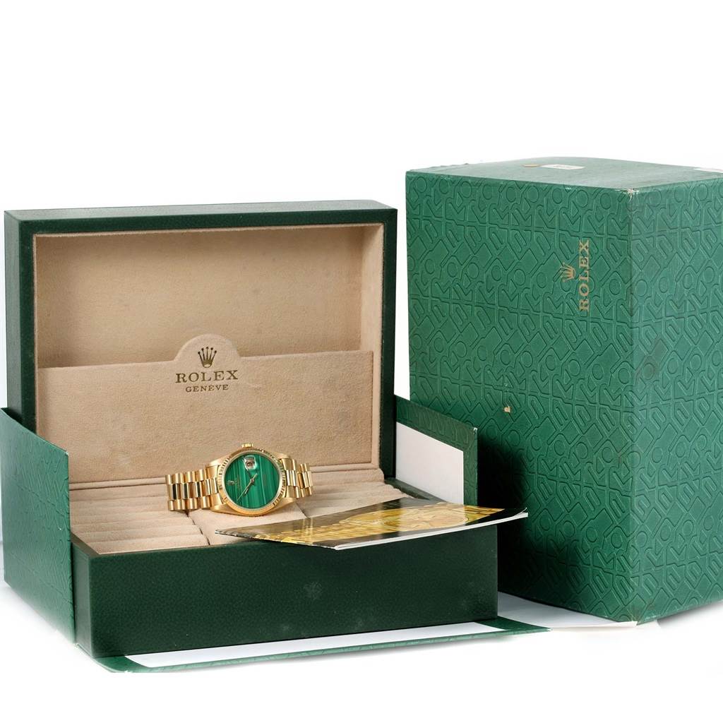 The watch is a Rolex President 16238 Men's Yellow Gold Green Dial 16238 Men's Yellow Gold Green Dial model, shown in its open box with an additional outer box and paperwork visible.